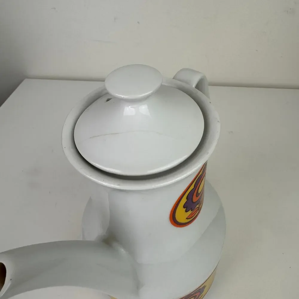 Vintage MCM Mid Century White Purpl Floral Lid Space Age Porcelain Coffee Teapot